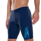 Short de natación Speedo Jammer color azul marino con estampado lateral del logo en celeste.