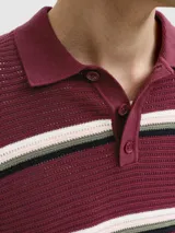 Sweater polo de punto a rayas horizontales en tonos bordó, verde oscuro, blanco y beige, de manga corta y cuello camisero con cierre frontal de botones.