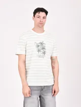 Remera de manga corta con estampado de rayas horizontales en tonos blanco y verde claro. Diseño con palmeras y texto "California Freedom".