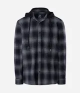 Camisa masculina de franela a cuadros en tonos grises y negros, con capucha con cordón ajustable, cierre frontal abotonado y mangas largas.
