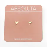 Par de aros pequeños dorados con forma de libélula, hechos de acero quirúrgico.