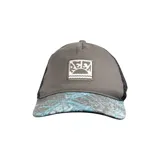 Gorro trucker Reef gris con visera estampada con olas y logo de la marca bordado en el frente.