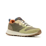 Championes urbanos Merrell modelo Alpine 83, con diseño inspirado en el senderismo. Presentan una combinación de gamuza y tela en tonos verde oliva, beige y naranja, con entresuela de espuma EVA y suela de goma dentada.