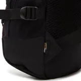 Mochila Vans negra con logo blanco en la parte superior, bolsillo frontal con cierre y cordones elásticos cruzados. Cuenta con dos bolsillos laterales y correas acolchadas ajustables.