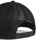 Gorra tipo trucker de color negro con paneles traseros de malla transpirable y logo de Adidas bordado en blanco en la parte frontal.