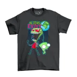 Remera de algodón color gris oscuro con estampado frontal de los personajes Zim y Gir de la serie Invasor Zim junto al texto Aliens Exist.