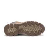 Bota de cuero color marrón con diseño resistente al agua, cuello acolchado en color oscuro, cordones bicolores y suela de goma dentada con tecnología de amortiguación.
