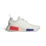 Championes Adidas NMD_R1 color blanco con detalles en rojo y azul. Diseño con exterior tejido adaptable, amortiguación BOOST, inserciones en la mediasuela y tirador de talón.