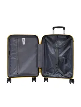 Valija de cabina rígida Caterpillar Venture Trolley de 20 pulgadas, color negro con detalles en amarillo, cuatro ruedas dobles multidireccionales y tirador telescópico.