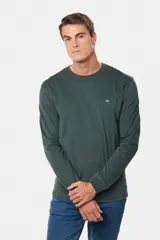 Remera manga larga lisa, color gris claro, con cuello redondo y logo bordado en el pecho.