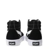 Championes de caña alta Pony, confeccionados en lona negra con detalles en blanco, incluyendo cordones, suela y el logo lateral característico de la marca.