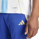 Remera de fútbol Adidas de la colección Messi Pitch 2 Street, con diseño entallado, tejido transpirable AEROREADY, rayas verticales celestes y logo de Messi en dorado.