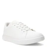 Championes urbanos de estilo minimalista, color blanco, con cierre de cordones y suela de goma texturizada.