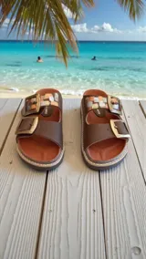 Sandalias de cuero color marrón, con diseño de dos tiras anchas con hebillas metálicas grandes y detalles pintados a mano. Suela de goma eva.