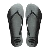 Sandalias tipo ojota Havaianas modelo Slim Gloss, con diseño de degradado de gris a negro y tiras finas en color negro con acabado brillante.