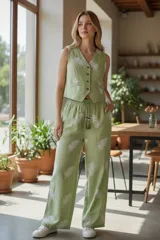 Conjunto blanco con estampado de hojas color borgoña, compuesto por un chaleco con botones y un pantalón de corte recto.