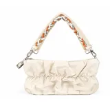 Bandolera blanca de diseño fruncido con correa de hombro trenzada multicolor en tonos naranja, blanco y verde, y herrajes metálicos plateados.