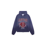 Campera con capucha de cierre completo y bolsillos tipo canguro, en color azul con efecto deslavado y diseño gráfico estampado en el pecho con las inscripciones 'Emestudios', 'Always Grateful' y 'Madrid' junto a detalles de estrellas.