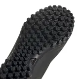 Championes de fútbol Adidas X Speedportal 4 para césped sintético, color negro con detalles en naranja y verde neón. Presentan un diseño aerodinámico con textura en la superficie para un mejor control del balón y suela con tapones pequeños para mayor tracción.