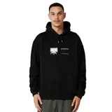 Canguro negro con capucha, cordones ajustables, bolsillo tipo canguro y estampado en el pecho con el logo de la marca Former y un diseño gráfico en blanco y negro.