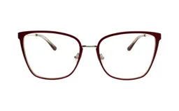 Armazón de anteojos Demenego modelo 133/56, color borgoña con detalles plateados, de metal, con forma cat eye.