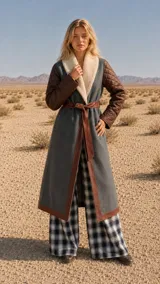 Abrigo largo tipo bata con cuerpo de tweed marrón, mangas acolchadas capitonadas y solapa de corderito. Presenta detalles de vivos en cuero, cinturón de cuero para ajustar a la cintura y aberturas laterales profundas.