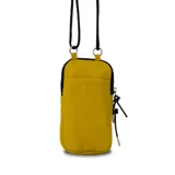 Bolso porta celular con cierre frontal, compartimentos internos para tarjetas y bolsillo trasero. Incluye correa elástica regulable y desmontable.