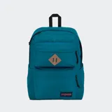 Mochila Jansport color azul petróleo, con dos bolsillos frontales, dos bolsillos laterales para botellas, funda acolchada para laptop de 15 pulgadas y asa superior.