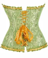 Corset verde de estilo brocado con cierre frontal de cintas y detalles de volados.