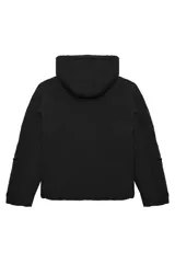 Campera acolchada negra con capucha integrada, cierre frontal de cremallera y bolsillos laterales con cierre.