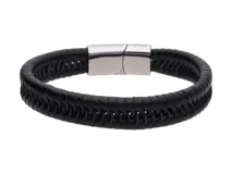 Pulsera de cuerina trenzada color negro con cierre metálico plateado.