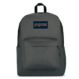 Mochila Jansport modelo Superbreak de color gris, con un compartimento principal amplio, bolsillo frontal con cierre y el logo de la marca bordado en la parte superior.