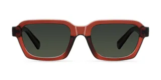 Lentes de sol unisex de forma rectangular con líneas marcadas. Montura color burdeos y lentes verdes polarizadas.