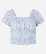 Blusa corta de tricolina a rayas celestes y blancas, con escote elástico, mangas cortas abullonadas con frufrú y fruncido en el bajo.