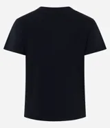 Remera negra de manga corta con cuello redondo y diseño ajustado tipo baby look, confeccionada en algodón con elasticidad. Presenta un estampado frontal con letras rojas y el icónico logotipo de la lengua de The Rolling Stones.