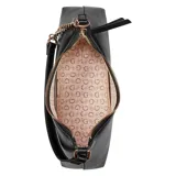 Cartera de hombro Guess modelo Eileen, color negro, con diseño asimétrico, cierre superior y detalle de cadena metálica en uno de los laterales. Incluye logo triangular de la marca en la parte frontal.