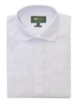 Camisa de manga larga RKF modelo Easy Life, de color blanco con patrón de cuadros sutiles en tonos azulados. Cuenta con cuello italiano, cierre frontal de botones, bolsillo en el pecho con el logo bordado de la marca y calce regular.
