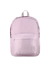 Mochila color beige con bolsillo frontal y logo de la marca en la parte inferior.