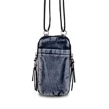 Bolso porta celular con cierre frontal, compartimentos internos para tarjetas y bolsillo trasero. Incluye correa elástica regulable y desmontable.