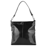 Cartera tipo bandolera de cuero sintético color negro, con correa larga regulable y bolsillo externo con cierre.