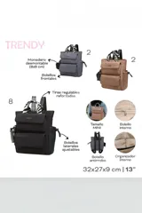 Mochila urbana color camel de material sintético, con múltiples bolsillos frontales con solapa, asas superiores con estampado animal print tipo zebra y tirantes ajustables. Incluye monedero redondo colgante.