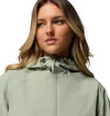 Campera impermeable Columbia Blossom Park Rain, color verde, con cierre frontal y cintura ajustable con cordón.