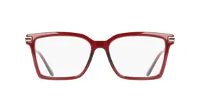 Armazón de anteojos Ferragamo modelo 3039, de diseño rectangular en color rojo traslúcido con detalles metálicos dorados en las bisagras.