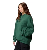 Buzo tipo canguro Columbia para mujer, color verde oscuro, con capucha ajustable con cordón, bolsillo frontal tipo canguro y puños y dobladillo acanalados. Presenta el logo de la marca bordado en el pecho.