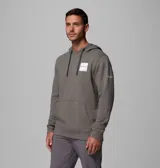 Buzo con capucha Columbia, color gris jaspeado, con bolsillo tipo canguro frontal y parche cuadrado con logo de la marca en el pecho.