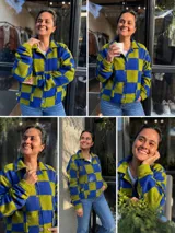 Sobre camisa de paño con diseño a cuadros en tonos azul y verde, cuello clásico, cierre frontal con botones y bolsillos grandes frontales.