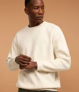 Suéter masculino de cuello redondo y manga larga, confeccionado en tejido fleece con felpa. Presenta puños y ruedo acanalados, con un diseño básico y liso.