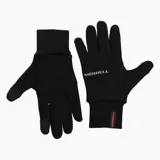 Guantes deportivos negros de la marca Merrell, diseñados para actividades al aire libre. Presentan un ajuste elástico en la muñeca con una etiqueta pequeña con el logo de la marca en color naranja y el nombre de la marca estampado en color gris en el dorso.