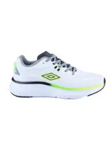 Championes deportivos Umbro modelo Invictus, de color blanco con detalles en verde lima y gris. Presentan una suela con amortiguación y diseño ergonómico para mayor confort.