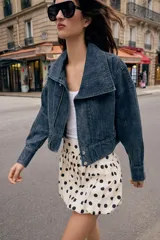 Falda pantalón de estilo globo con diseño abullonado y estampado de lunares negros sobre fondo crudo. Presenta cintura alta y cierre lateral con cremallera oculta.